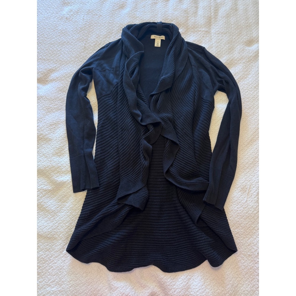 White House Black Market Black Ruffle Shawl Collar Open Front Cardigan Sweater S